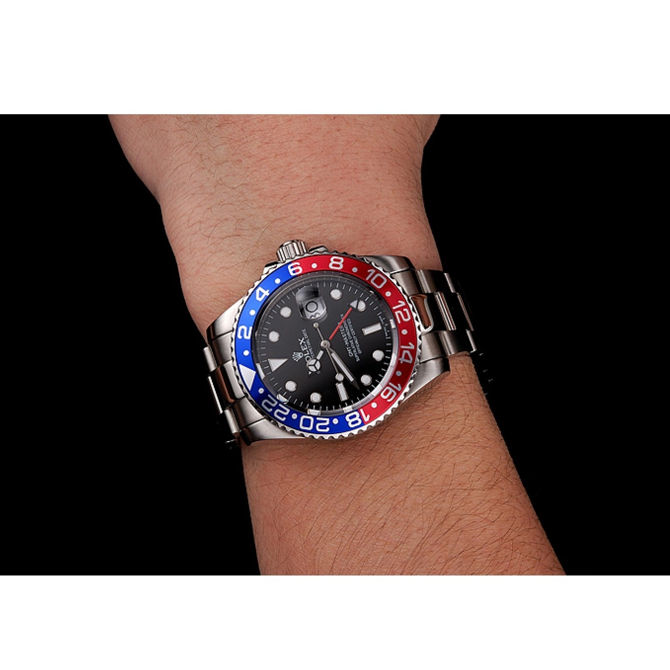 Aaa replica watch 1453751 Swiss Pepsi GMT II Rolex Bracelet Master Black Bezel Dial Steel Case Stainless And 0603